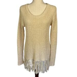 Worth Fringed Tunic Length Scoop Neck Long Sleeve Sweater Cream Small